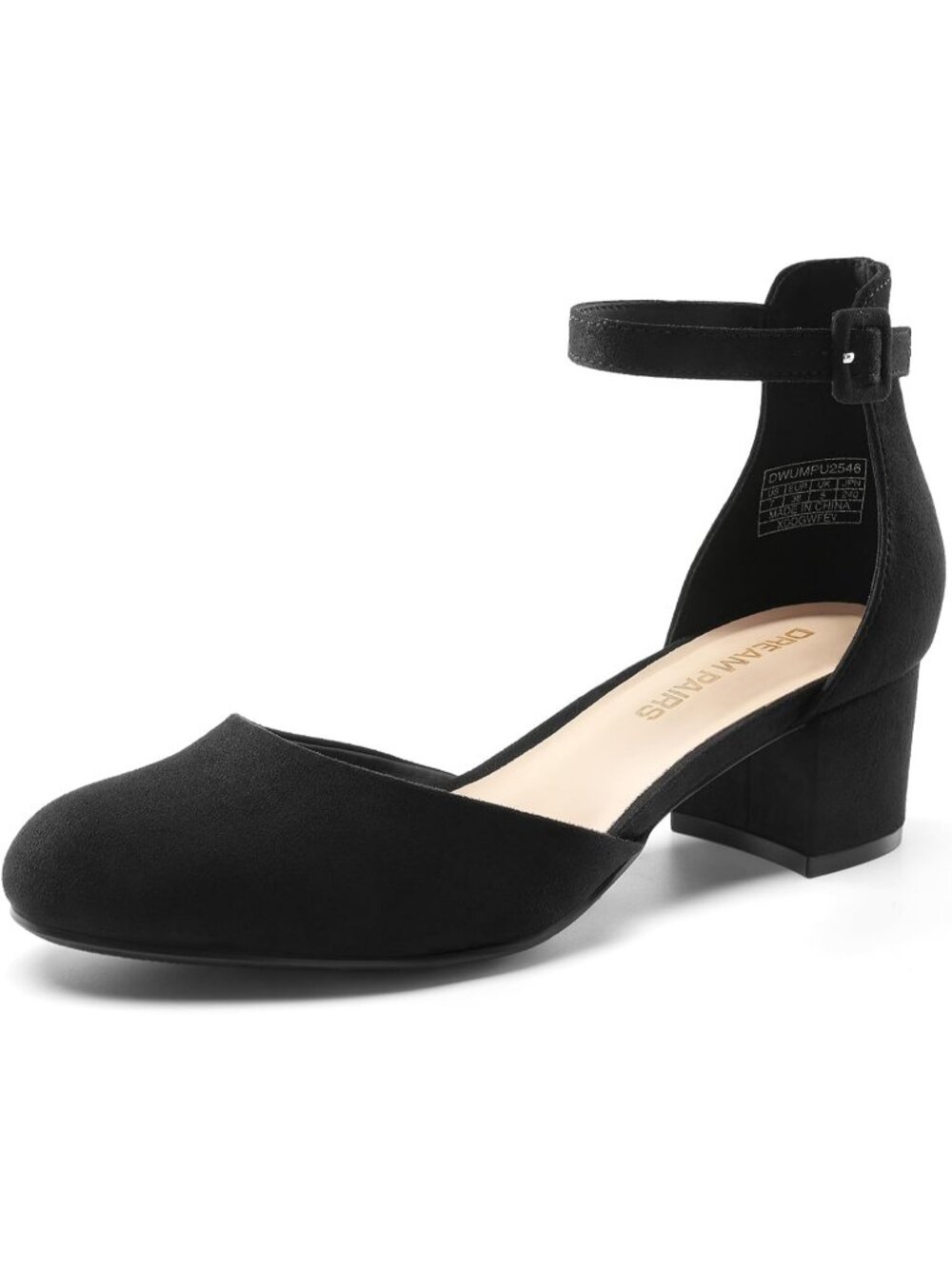 Women's Black Suede Closed Round Toe Ankle Strap Low Chunky Block Heels Pumps